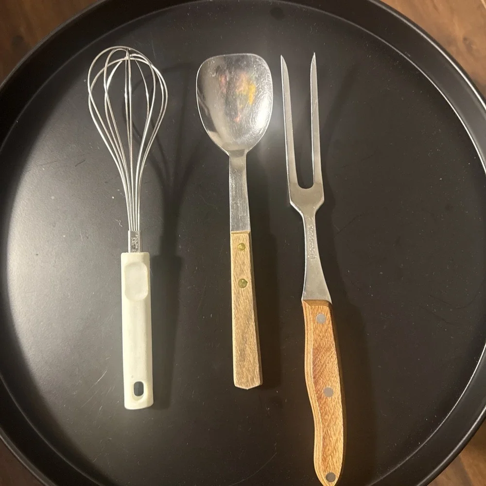 Vintage Interpur Kitchen Utensil Set Mixed Lot of 3 Wood Silver Whisk Spoon Fork